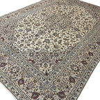 342 x 244 cm Hand-Knotted Persian Vintage Kashan Wool Rug – Ivory & Beige