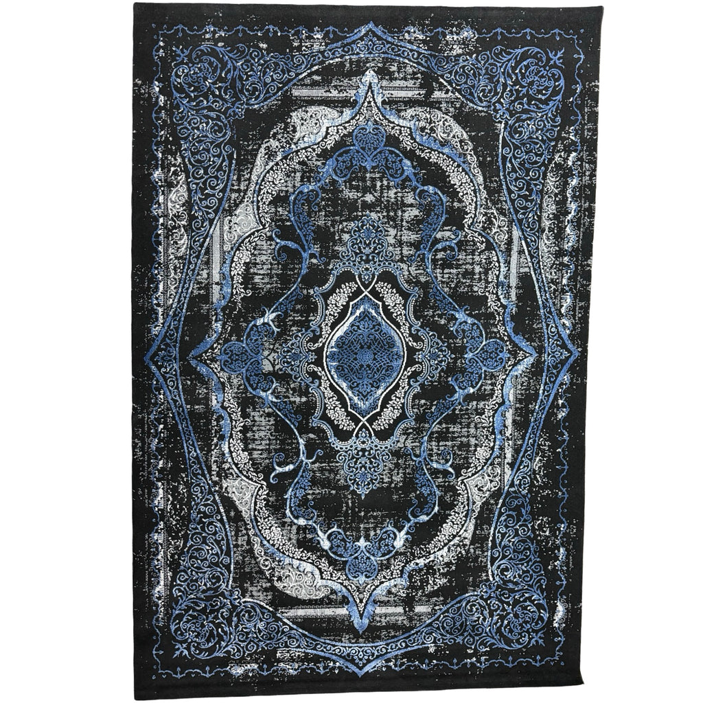 230 x 160 cm Black & Blue Distressed Medallion Persian Style Rug