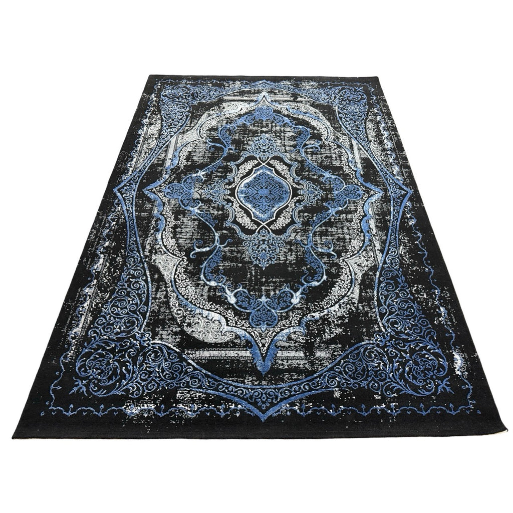230 x 160 cm Black & Blue Distressed Medallion Persian Style Rug