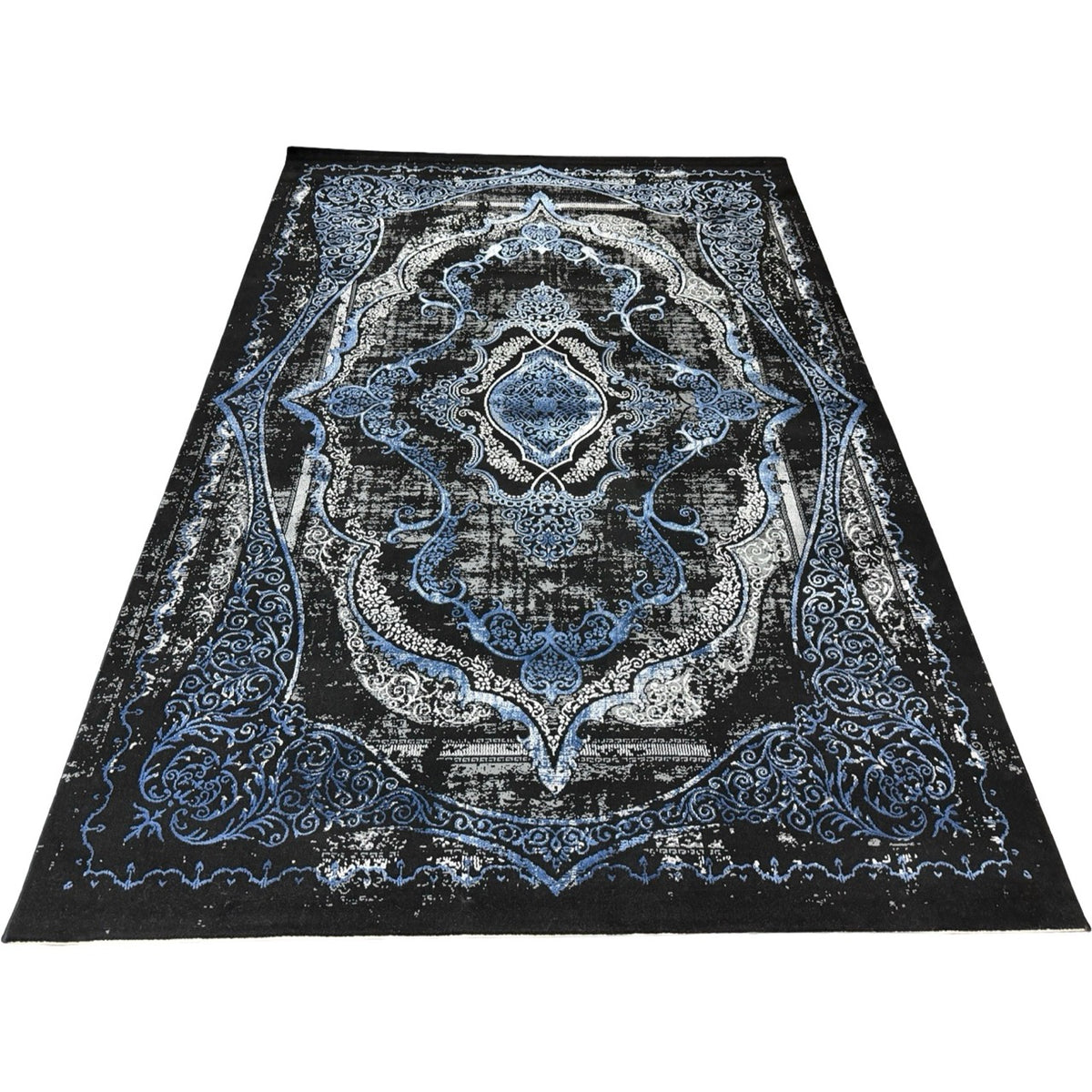 230 x 160 cm Black & Blue Distressed Medallion Persian Style Rug
