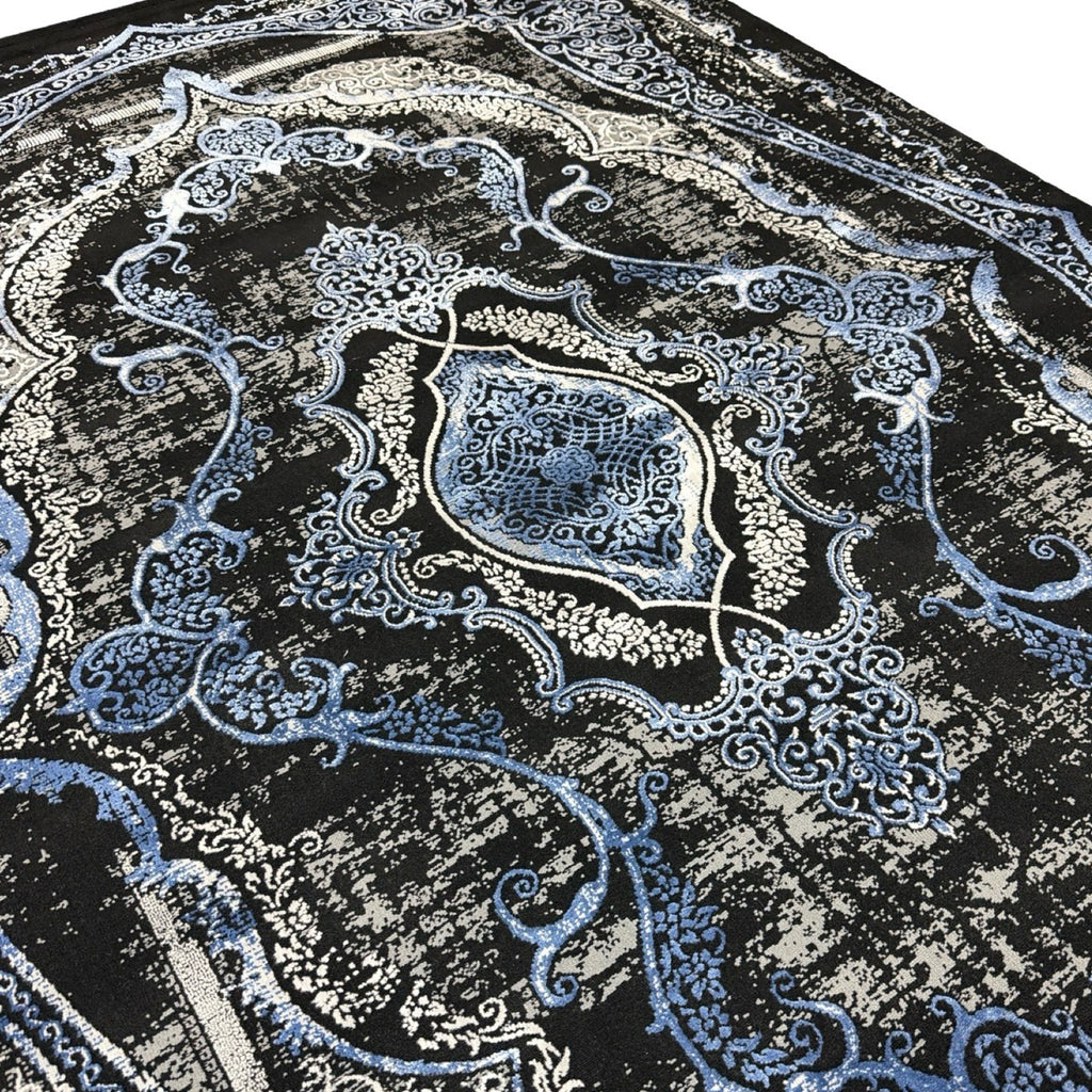 230 x 160 cm Black & Blue Distressed Medallion Persian Style Rug