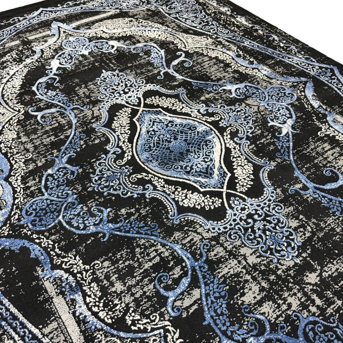 230 x 160 cm Black & Blue Distressed Medallion Persian Style Rug