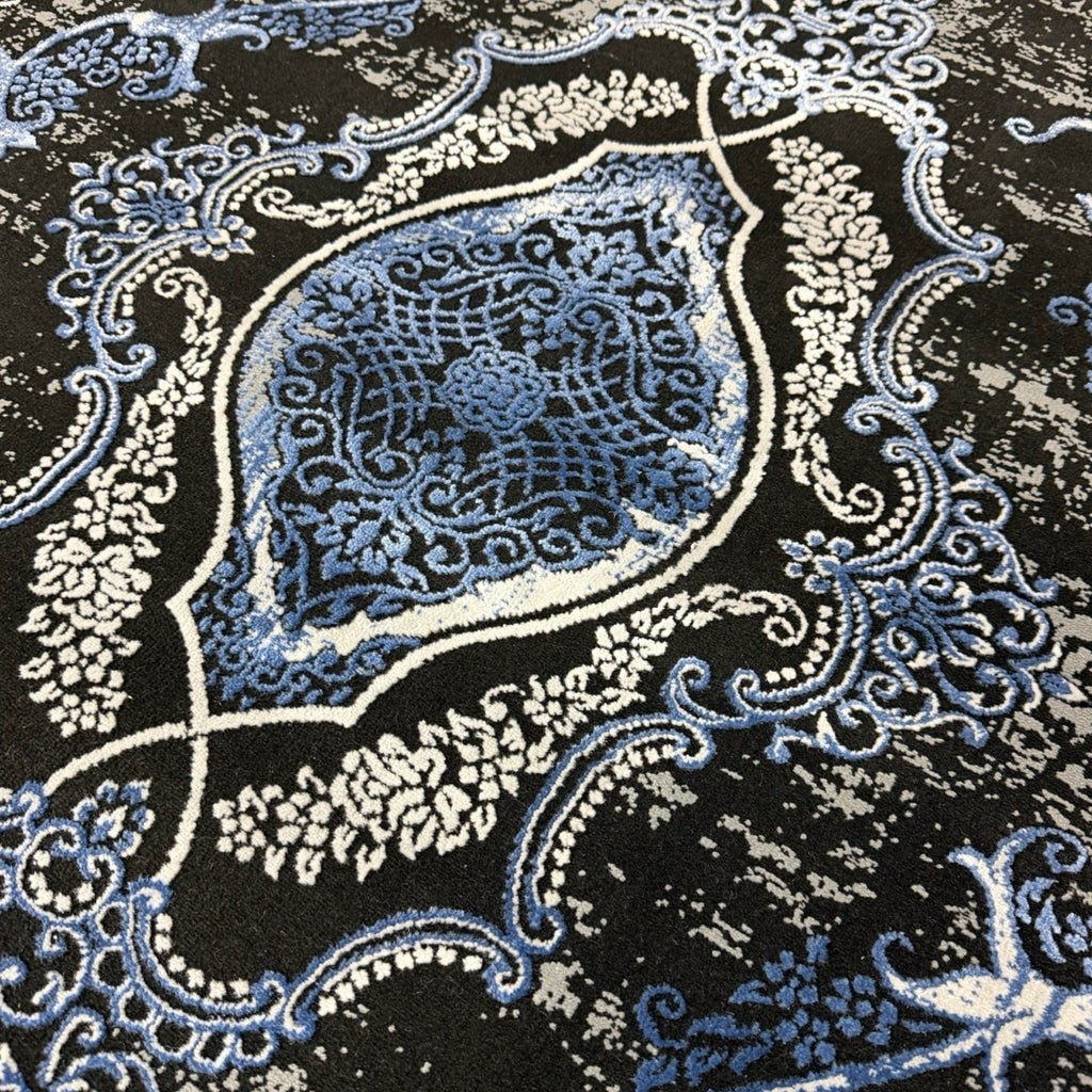 230 x 160 cm Black & Blue Distressed Medallion Persian Style Rug