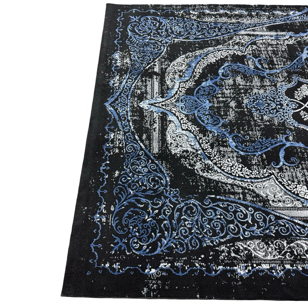 230 x 160 cm Black & Blue Distressed Medallion Persian Style Rug