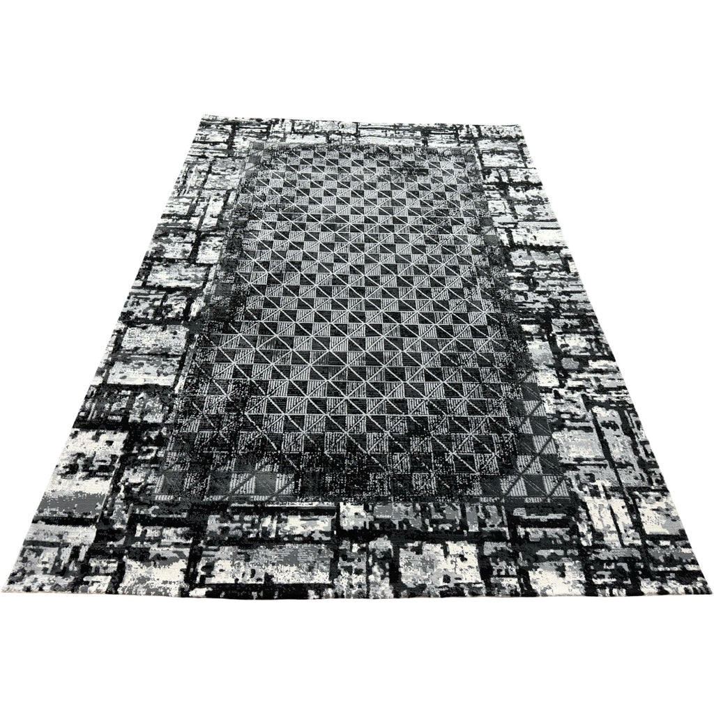 230 x 160 cm Black & Grey Geometric Grid Rug