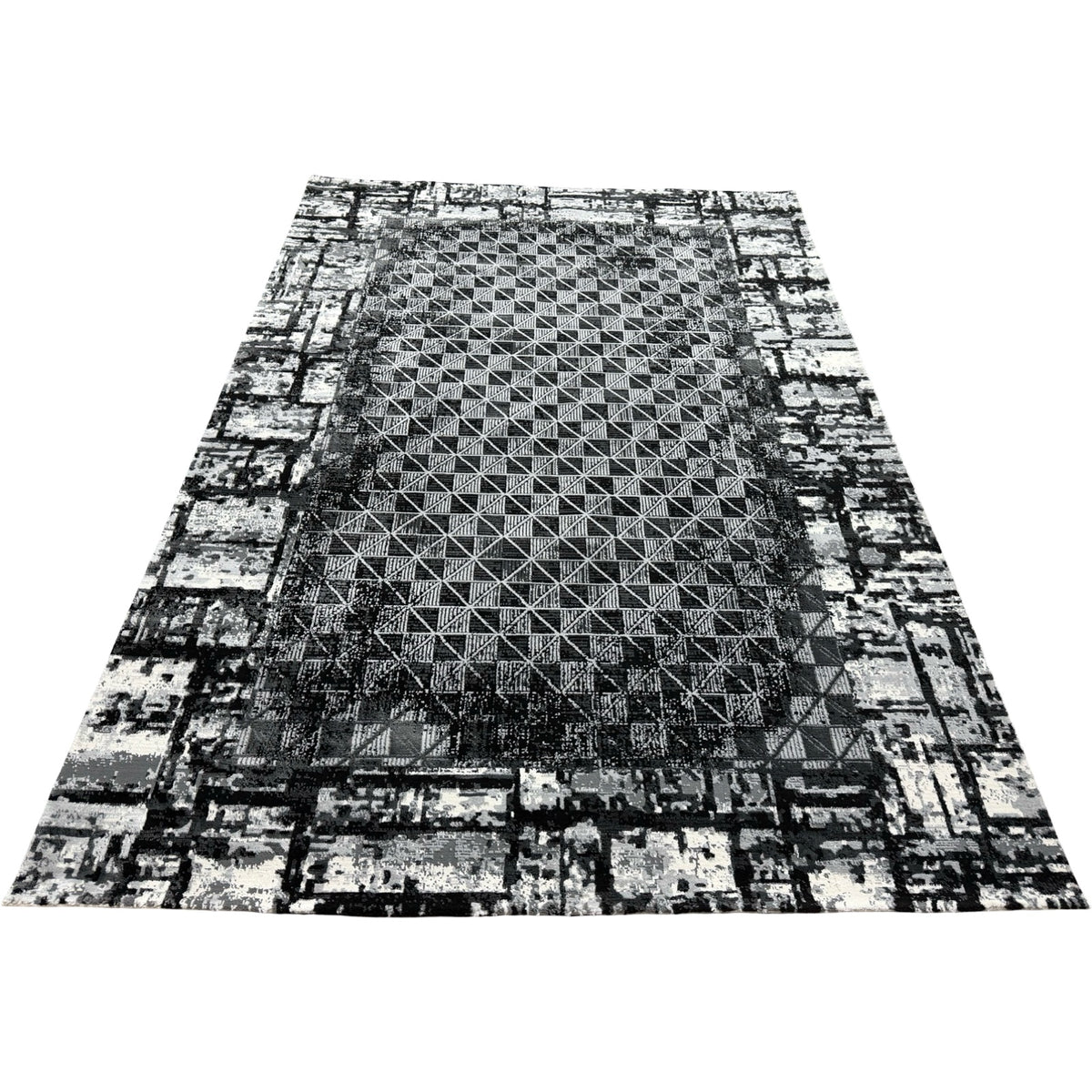 230 x 160 cm Black & Grey Geometric Grid Rug