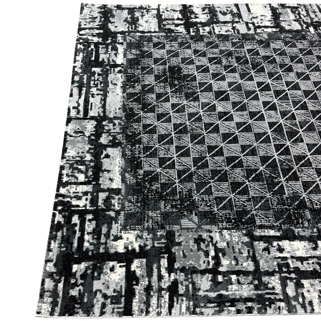 230 x 160 cm Black & Grey Geometric Grid Rug