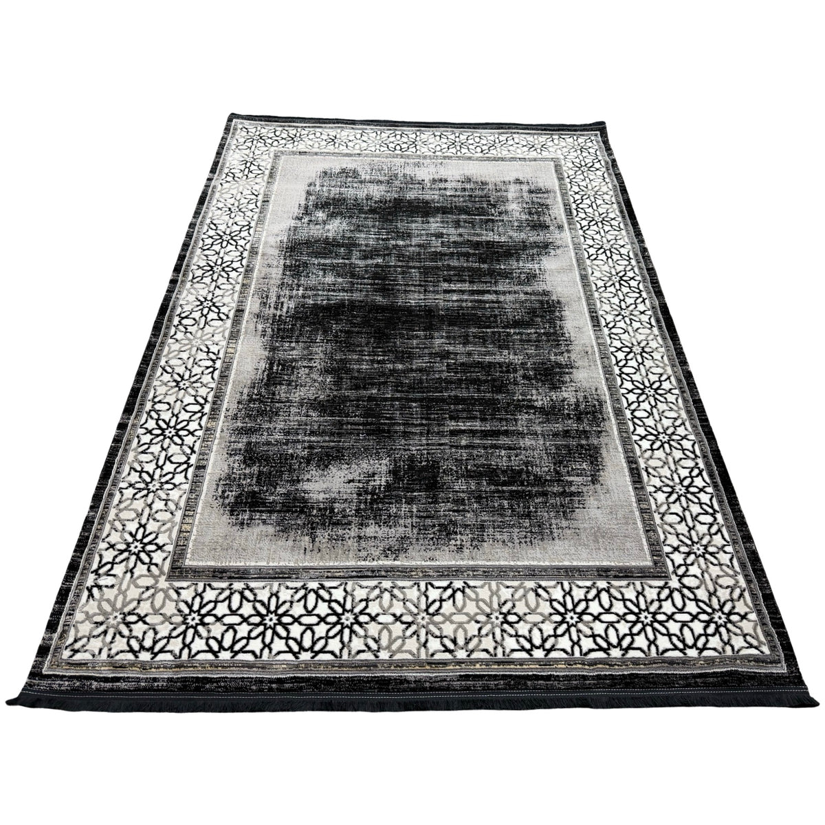 230 x 160 cm Black White Geometric Border Turkish Rug