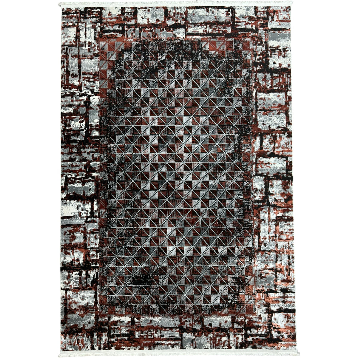 230 x 160 cm Industrial Red & Grey Geometric Panel Turkish Rug