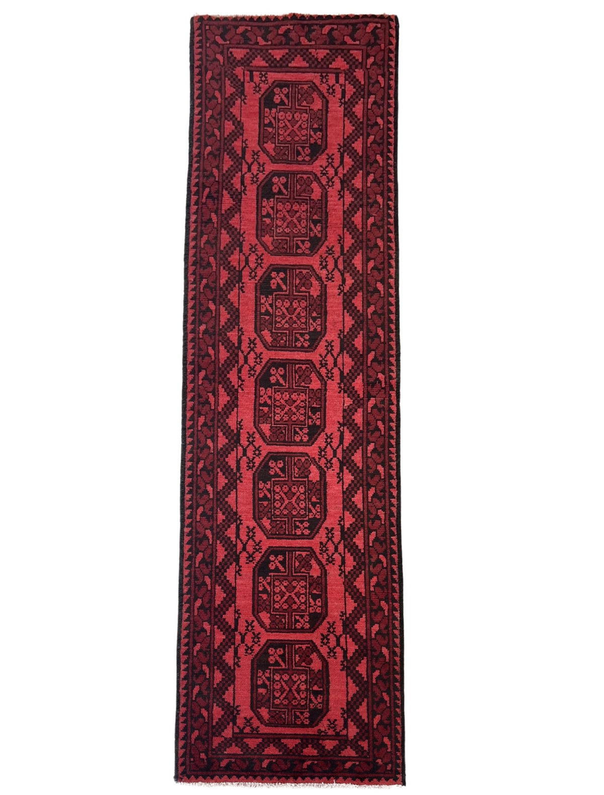 295 x 74 cm Hand knotted Elephant Feet Design Red Afghan Runner Rug