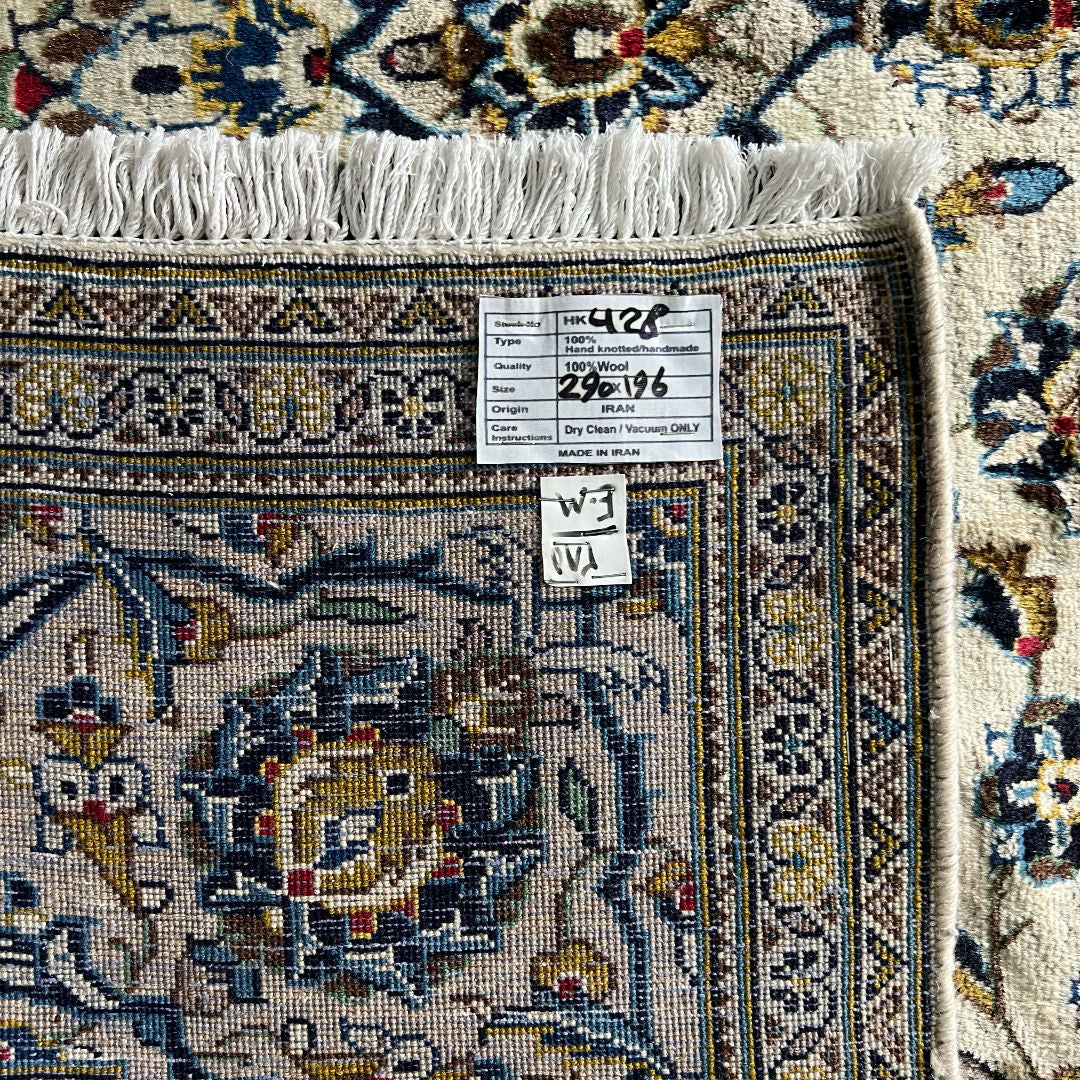 290 x 196 cm Hand-Knotted Floral Persian Kashan Cream Rug