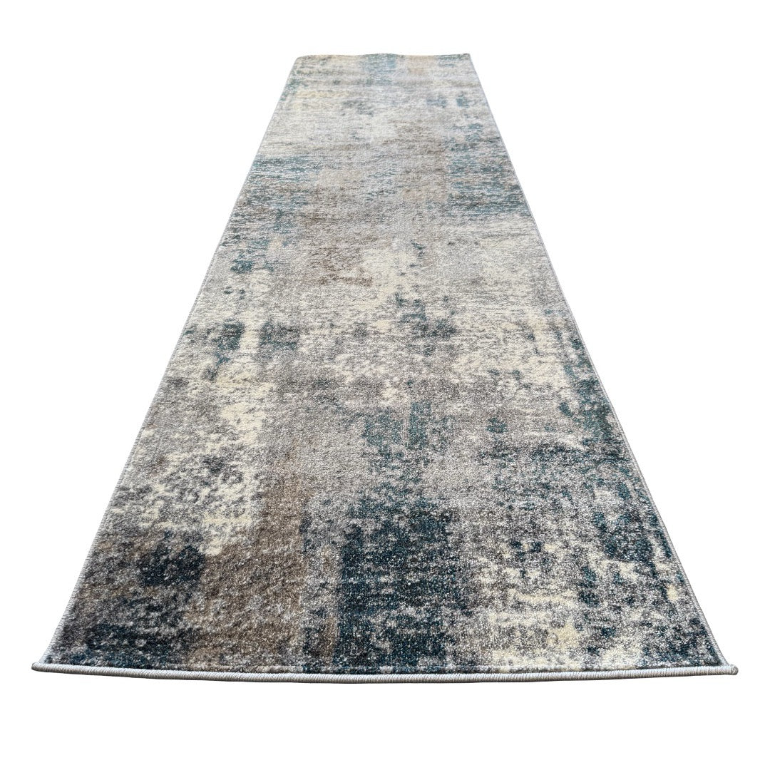 600 x 80 cm Distressed Canvas in Grey, Ivory & Turquoise Runner Rug