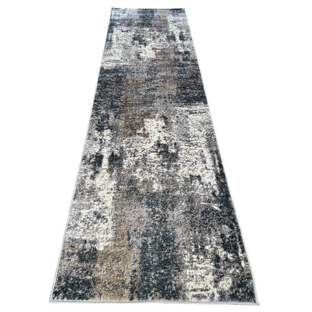300 x 80 cm Distressed Canvas in Grey, Ivory & Turquoise Runner Rug