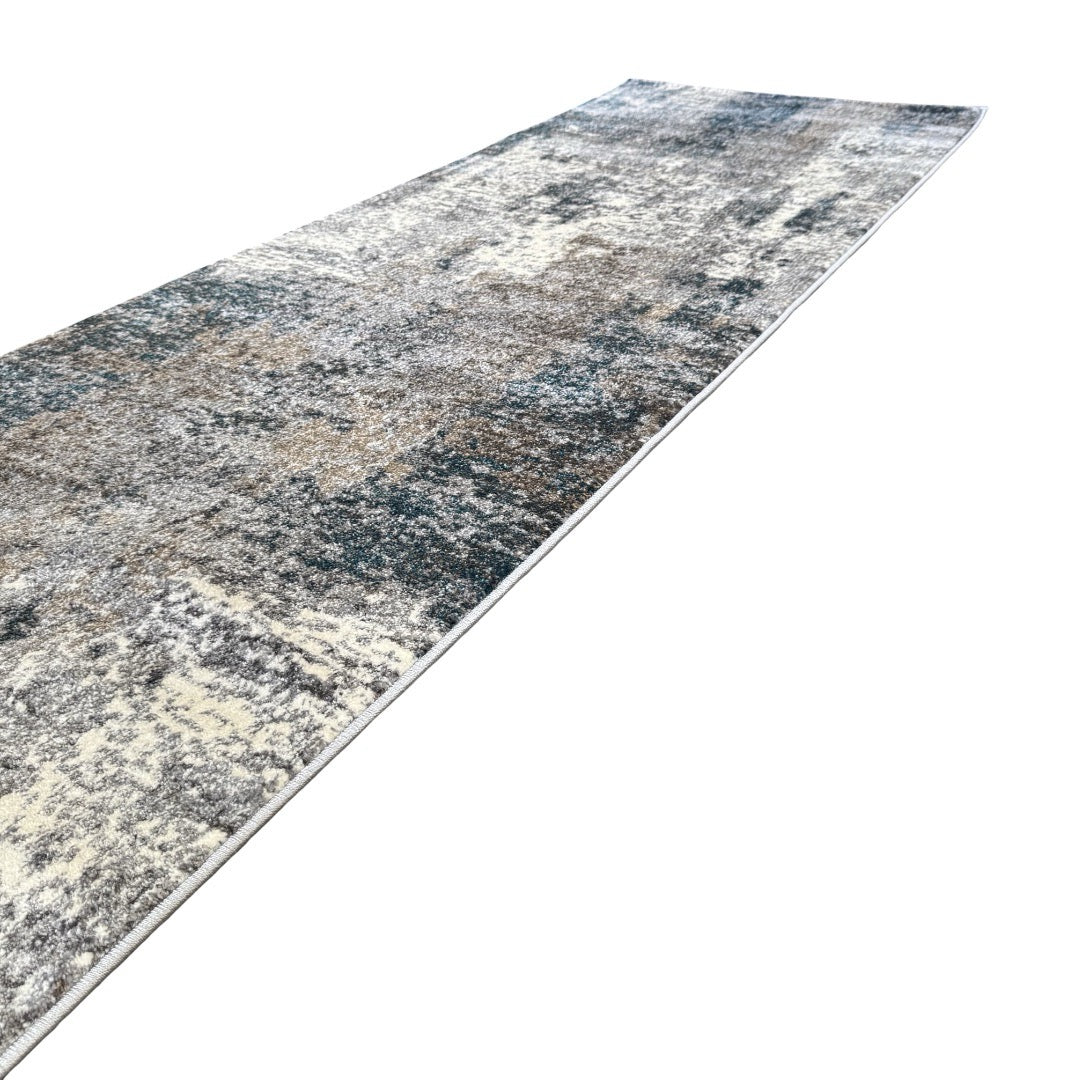 600 x 80 cm Distressed Canvas in Grey, Ivory & Turquoise Runner Rug