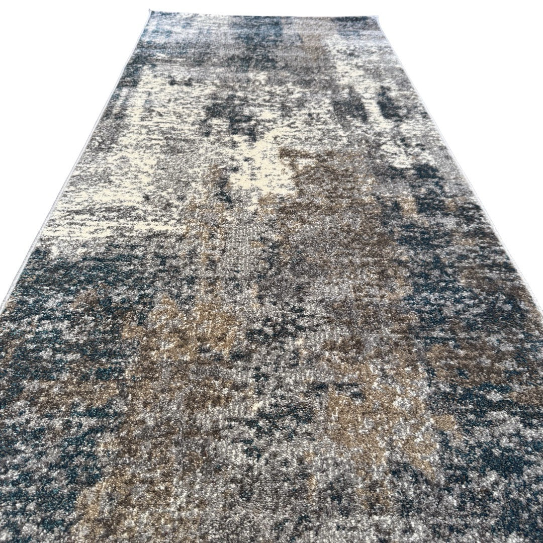 500 x 80 cm Distressed Canvas in Grey, Ivory & Turquoise Runner Rug