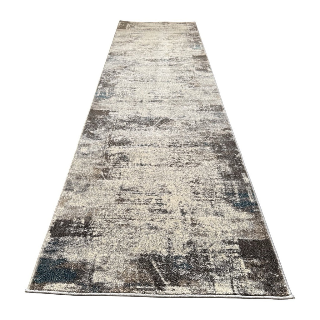 800 x 80 cm Light Grey & Charcoal Distressed Abstract Rug with Teal Accents