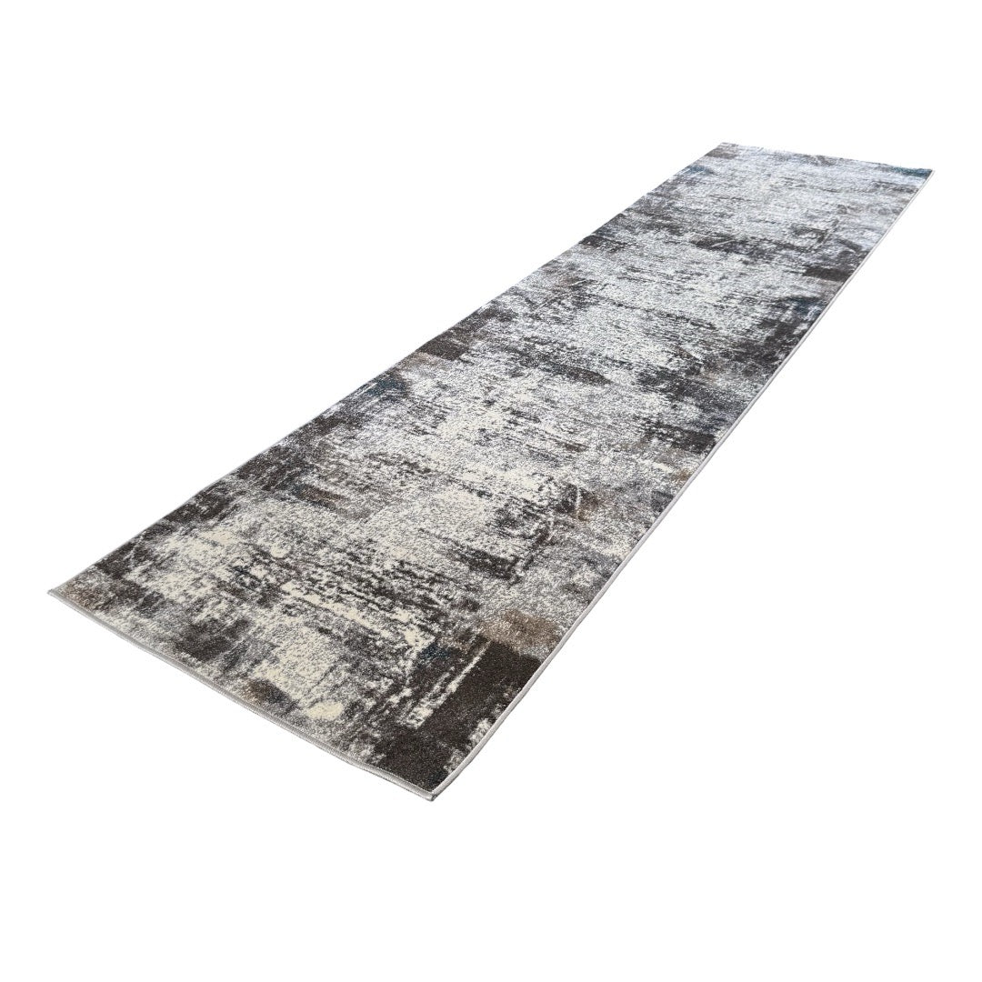 600 x 80 cm Light Grey & Charcoal Distressed Abstract Rug with Teal Accents