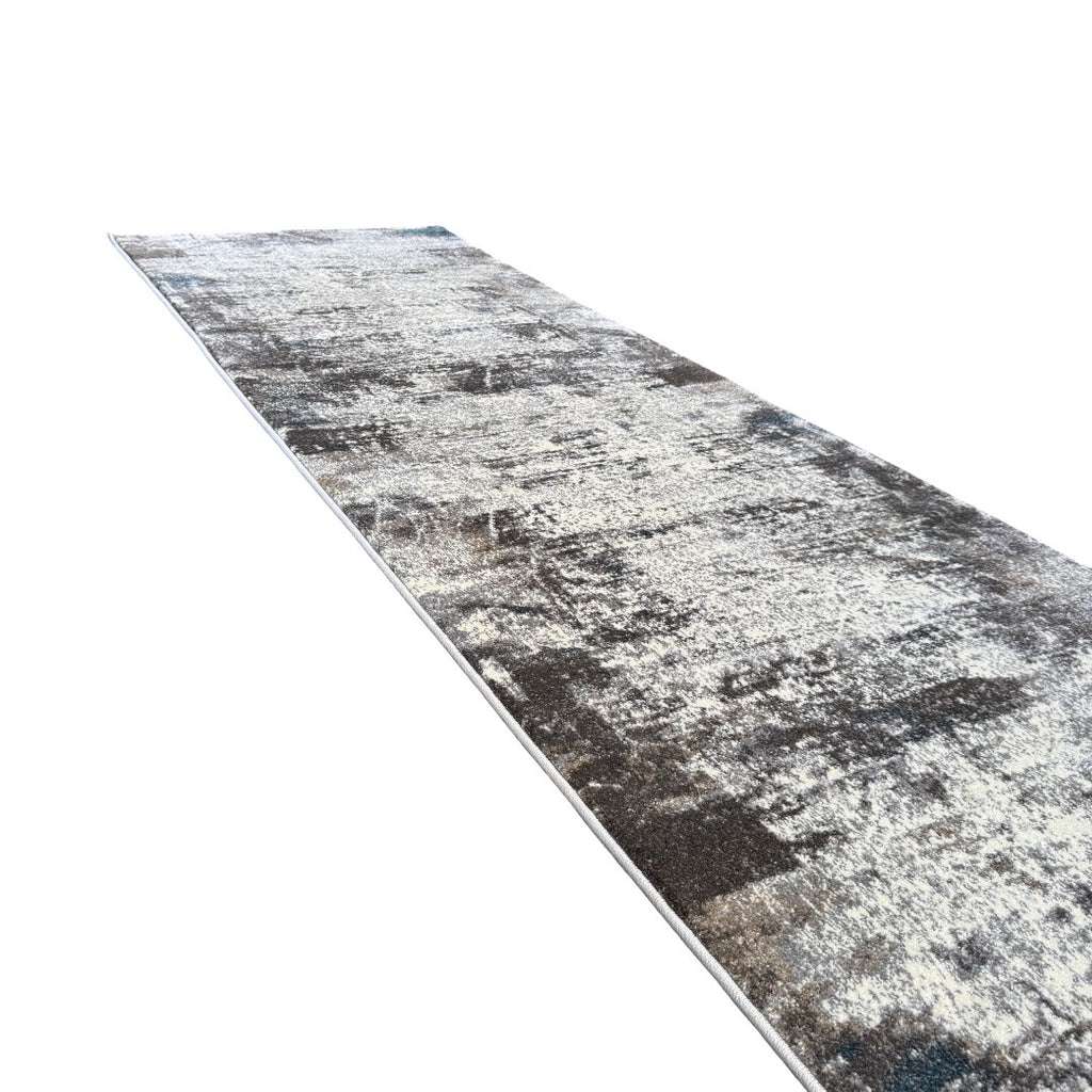 800 x 80 cm Light Grey & Charcoal Distressed Abstract Rug with Teal Accents