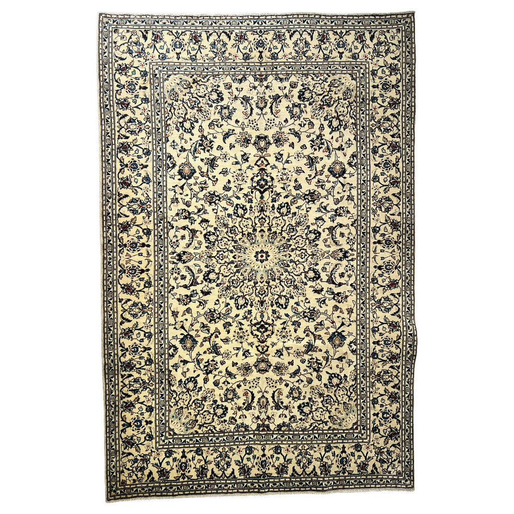 301 x 197 cm Hand-Knotted Floral Persian Kashan Cream Wool Rug