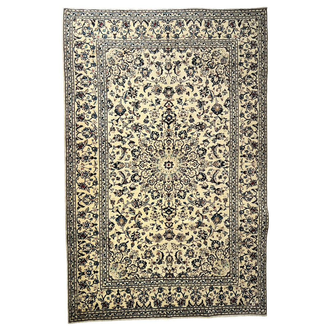 301 x 197 cm Hand-Knotted Floral Persian Kashan Cream Wool Rug