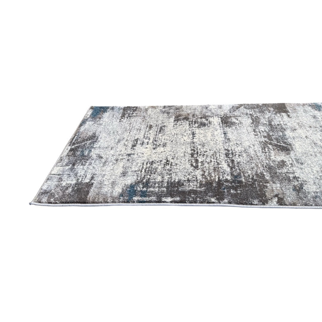 400 x 80 cm Light Grey & Charcoal Distressed Abstract Rug with Teal Accents