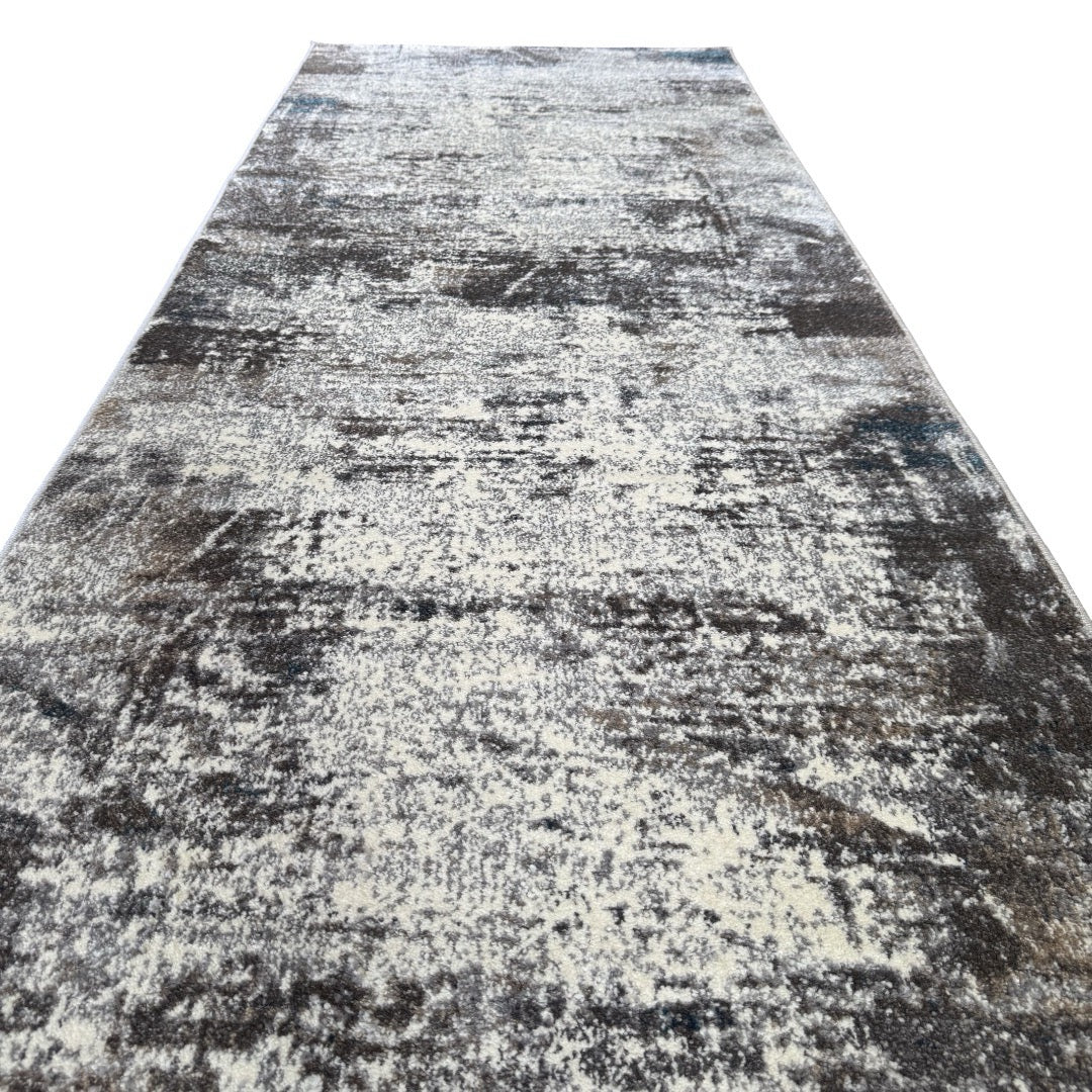 800 x 80 cm Light Grey & Charcoal Distressed Abstract Rug with Teal Accents