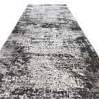 400 x 80 cm Light Grey & Charcoal Distressed Abstract Rug with Teal Accents