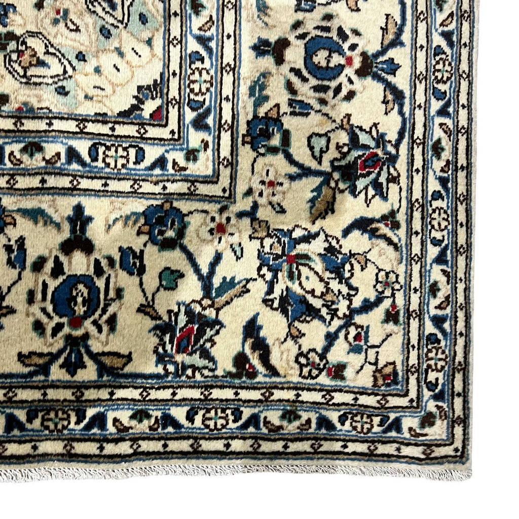301 x 197 cm Hand-Knotted Floral Persian Kashan Cream Wool Rug