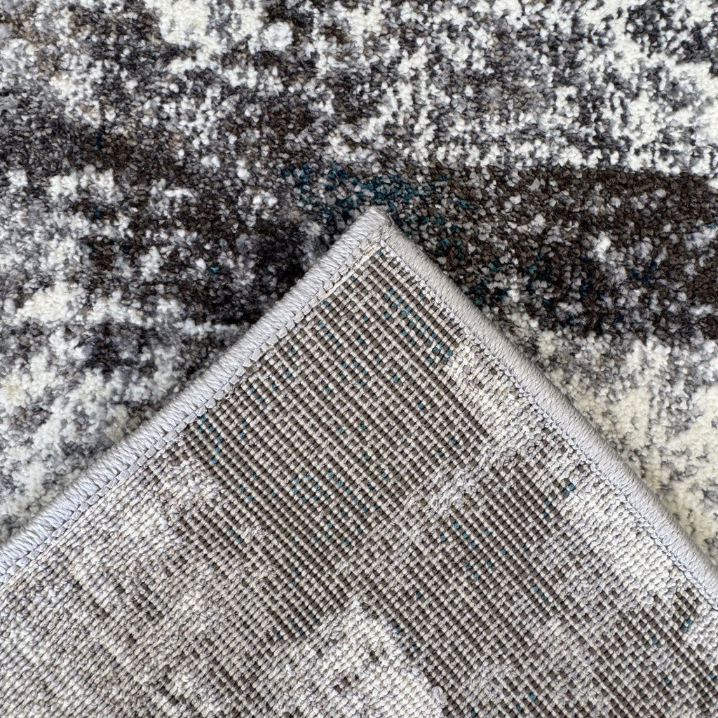 800 x 80 cm Light Grey & Charcoal Distressed Abstract Rug with Teal Accents