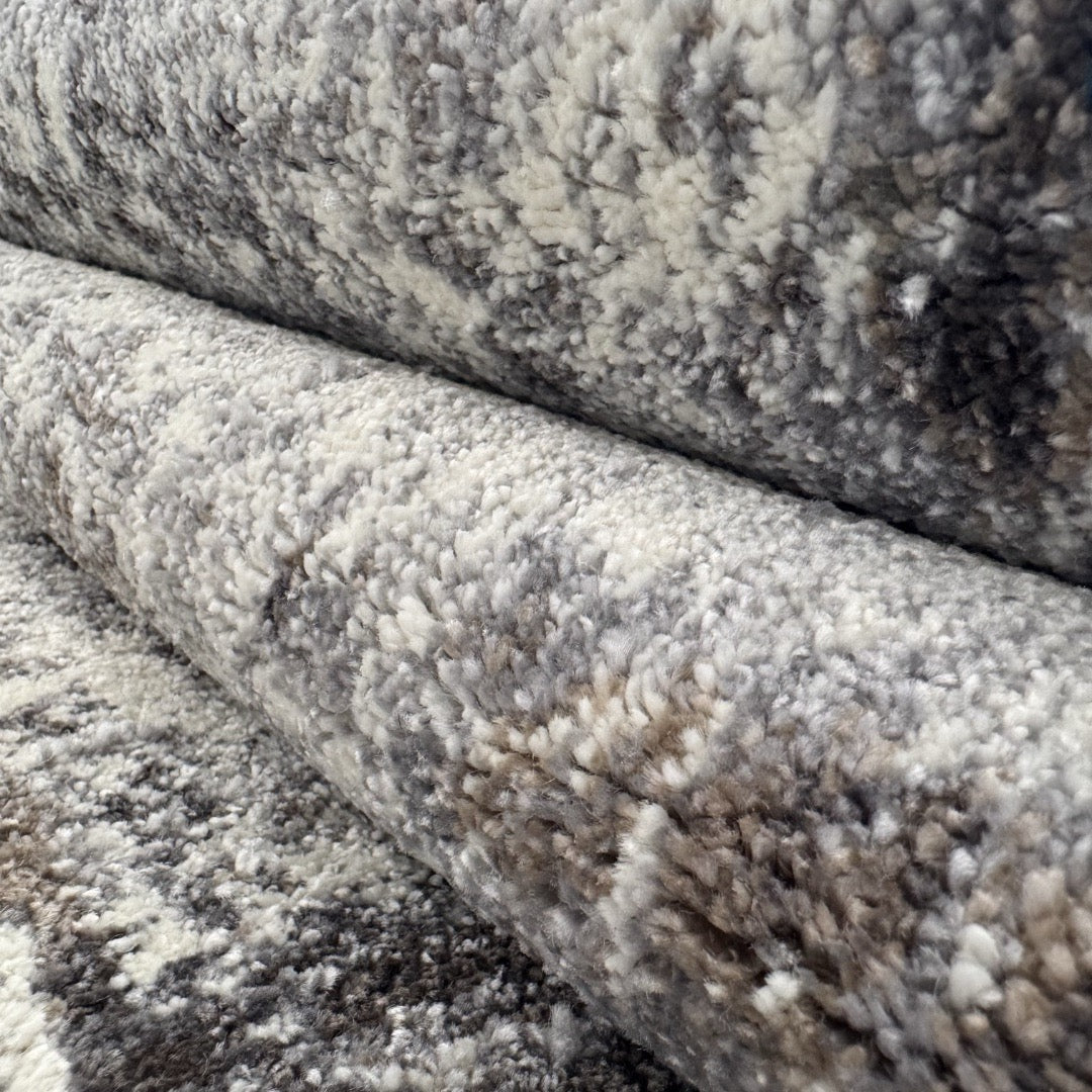 300 x 80 cm Light Grey & Charcoal Distressed Abstract Rug with Teal Accents