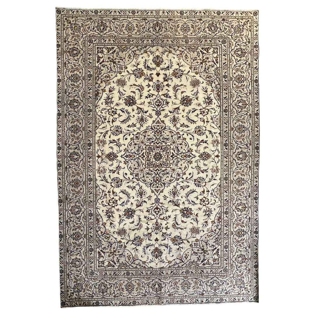 294 x 190 cm Hand-Knotted Floral Persian Kashan Cream Rug