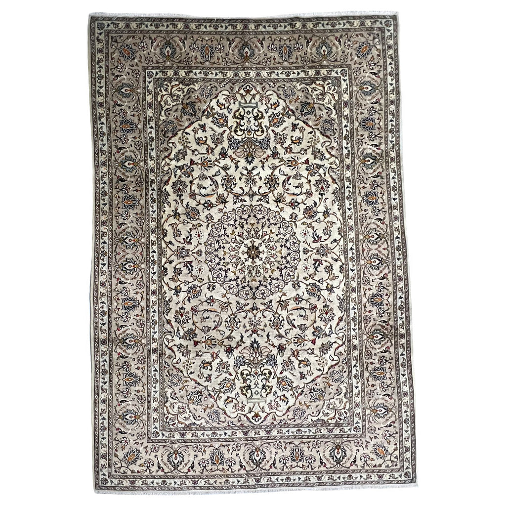 305 x 195 cm Hand-Knotted Floral Persian Kashan Cream Rug
