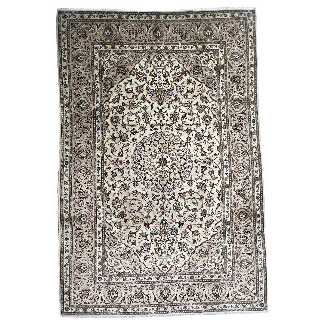 305 x 195 cm Hand-Knotted Floral Persian Kashan Cream Rug