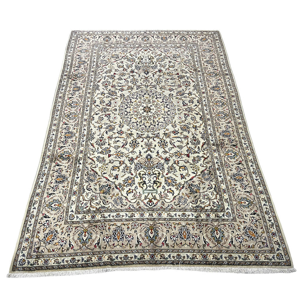 305 x 195 cm Hand-Knotted Floral Persian Kashan Cream Rug