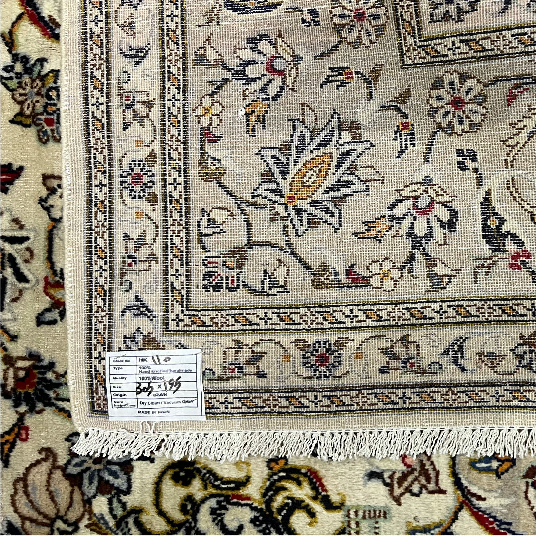 305 x 195 cm Hand-Knotted Floral Persian Kashan Cream Rug