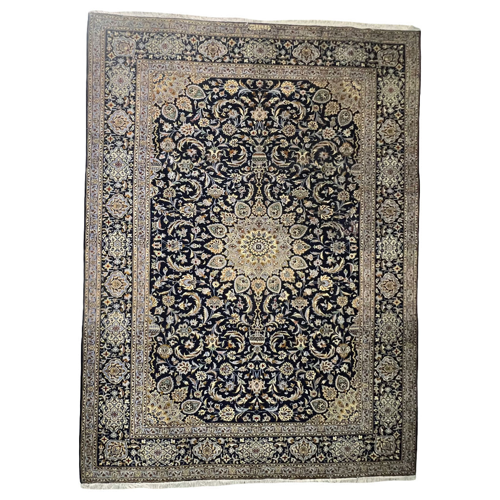350 x 260 cm Hand-Knotted Navy & Cream Kashan Wool Rug