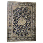350 x 260 cm Hand-Knotted Navy & Cream Kashan Wool Rug