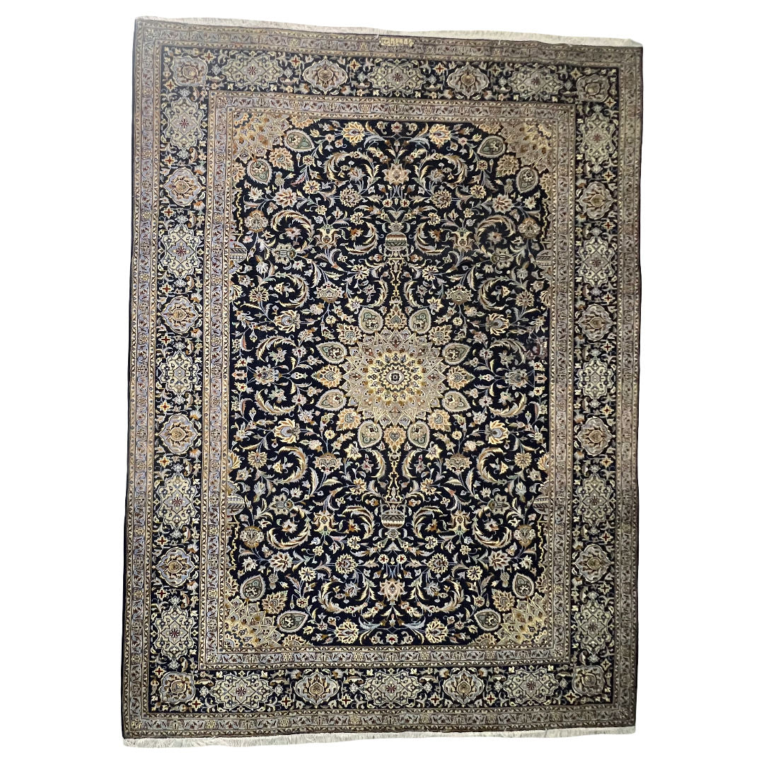 350 x 260 cm Hand-Knotted Navy & Cream Kashan Wool Rug