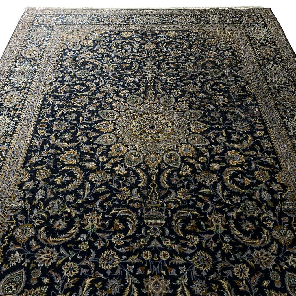 350 x 260 cm Hand-Knotted Navy & Cream Kashan Wool Rug