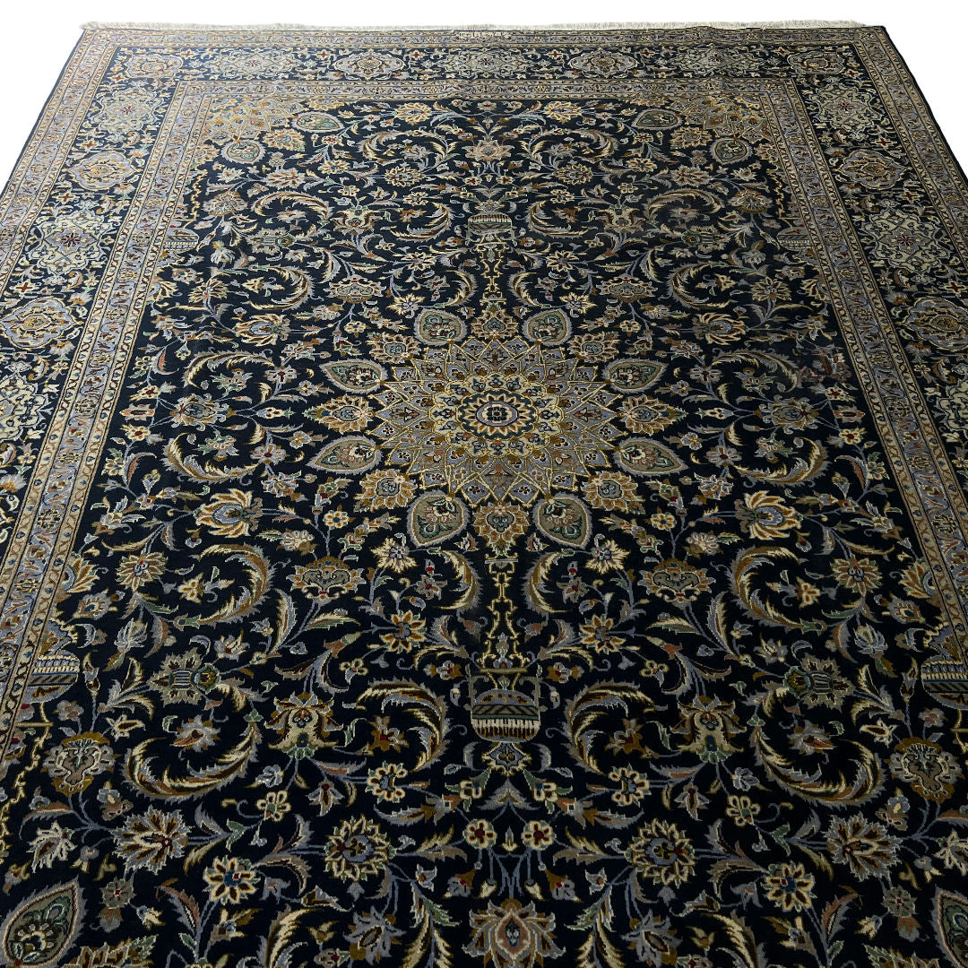 350 x 260 cm Hand-Knotted Navy & Cream Kashan Wool Rug