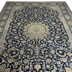 350 x 260 cm Hand-Knotted Navy & Cream Kashan Wool Rug