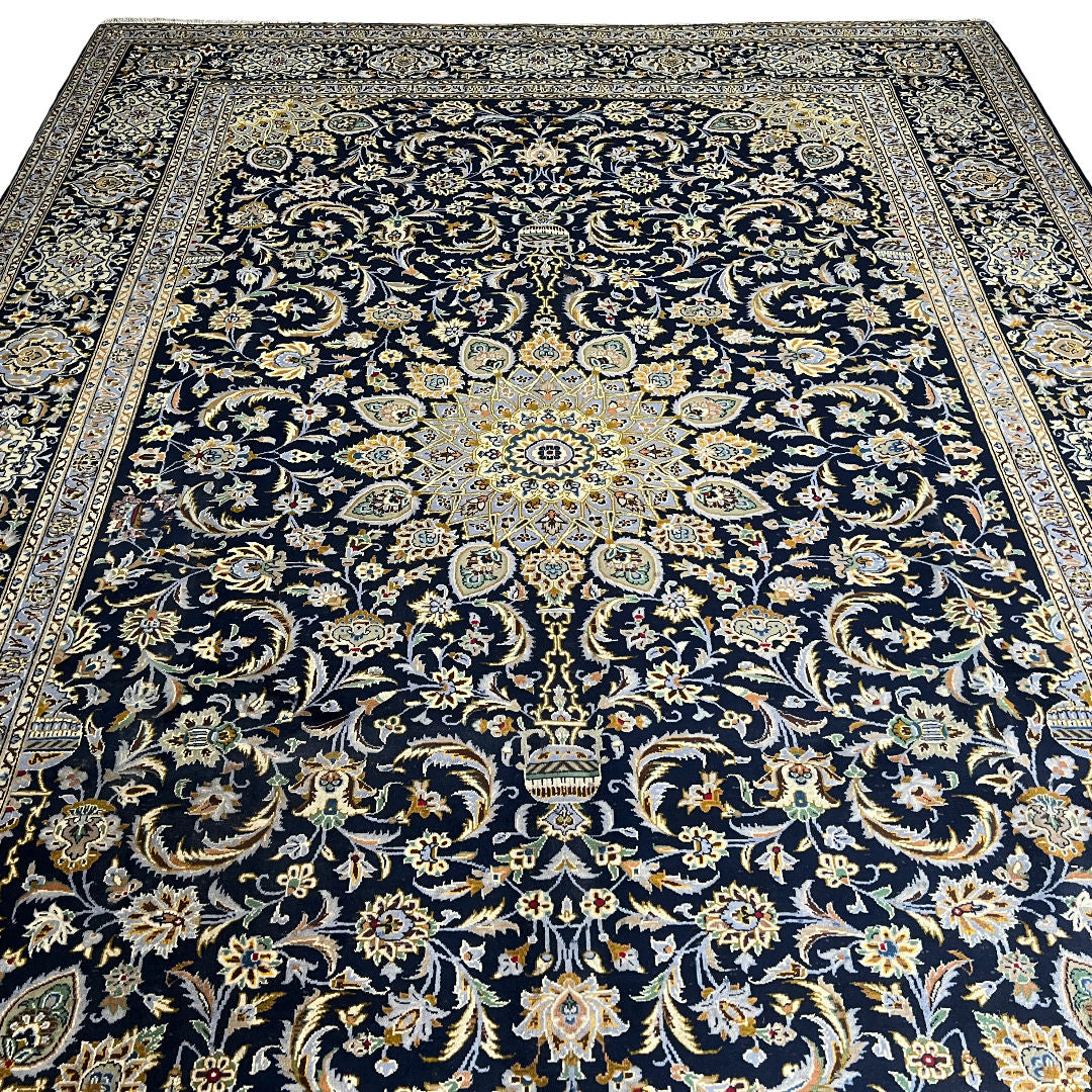 350 x 260 cm Hand-Knotted Navy & Cream Kashan Wool Rug