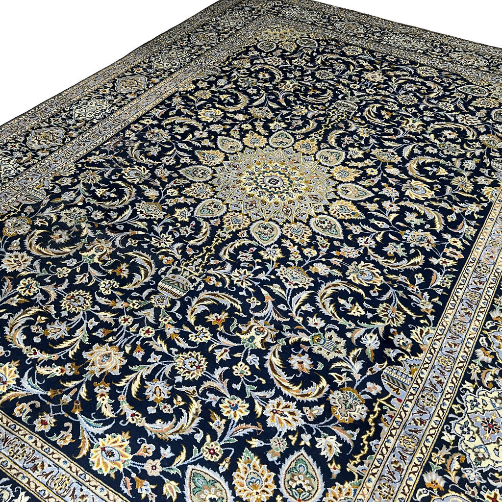 350 x 260 cm Hand-Knotted Navy & Cream Kashan Wool Rug