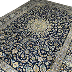 350 x 260 cm Hand-Knotted Navy & Cream Kashan Wool Rug