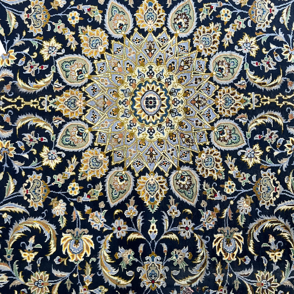 350 x 260 cm Hand-Knotted Navy & Cream Kashan Wool Rug