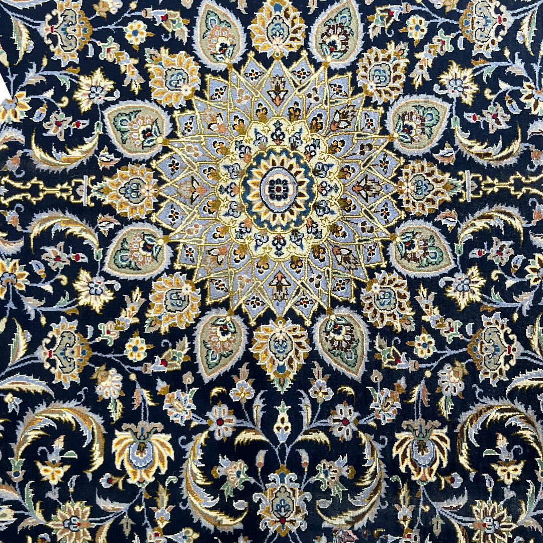 350 x 260 cm Hand-Knotted Navy & Cream Kashan Wool Rug