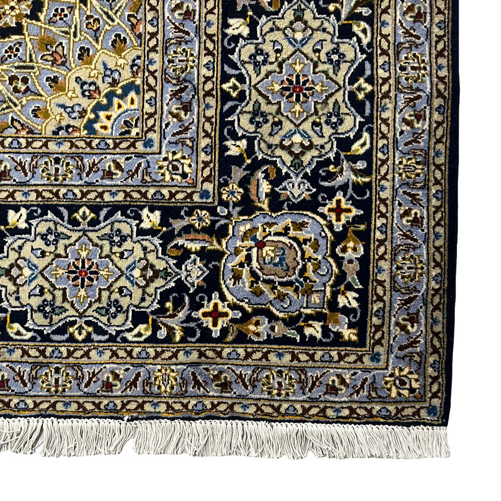 350 x 260 cm Hand-Knotted Navy & Cream Kashan Wool Rug