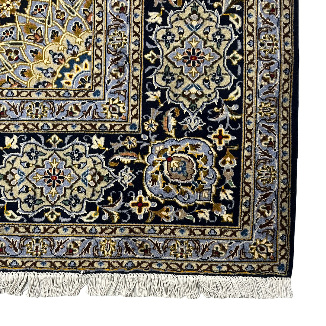 350 x 260 cm Hand-Knotted Navy & Cream Kashan Wool Rug
