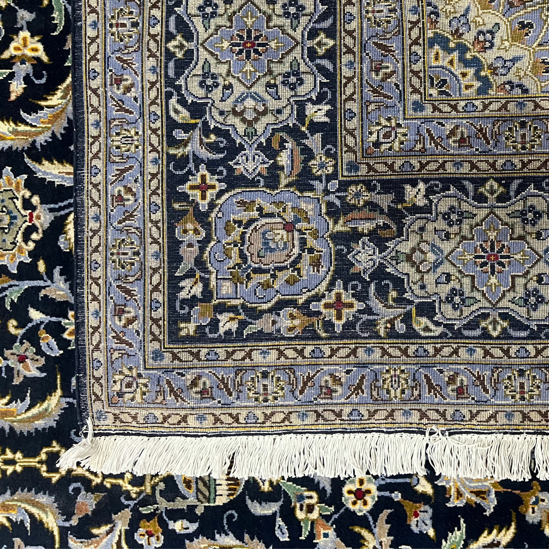 350 x 260 cm Hand-Knotted Navy & Cream Kashan Wool Rug