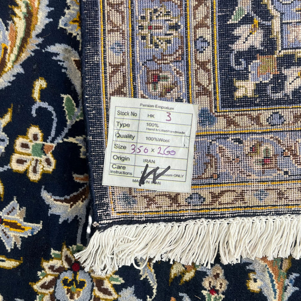 350 x 260 cm Hand-Knotted Navy & Cream Kashan Wool Rug